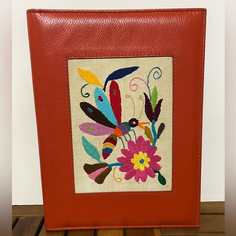 Leather Dragonfly Floral Embroidered Folder OOAK Mexico Vintage KOOK Artesanos